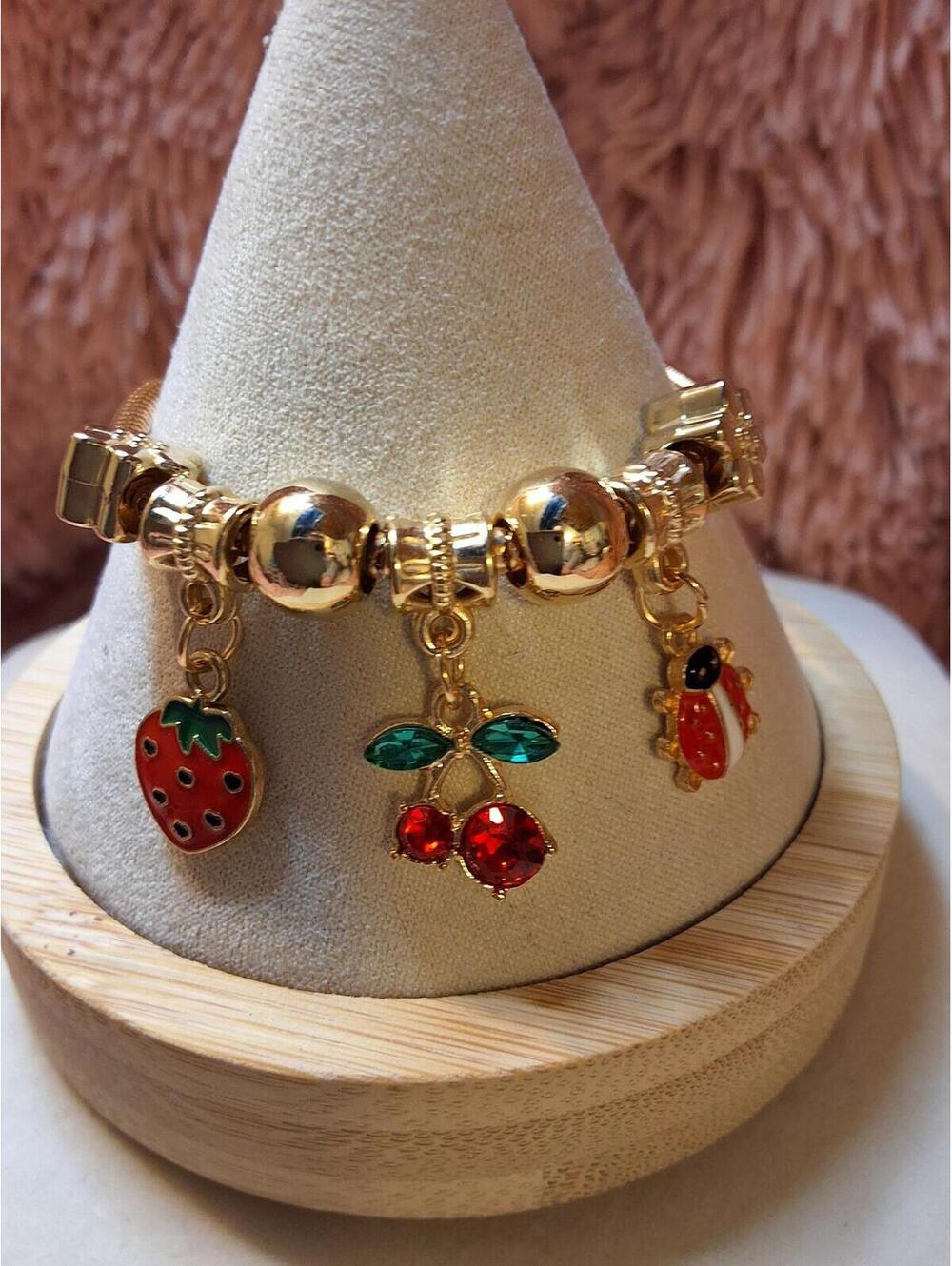 FASHION GOLD CHERRY LADYBUG LOBSTER CLAW NON STRETCH BRACELET